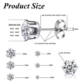 6 Pairs Diamond Men Earrings Cubic Zircon Earrings Surgical Steel Hypoallergenic Earrings for Women Titanium Steel Sparkling Diamond Earrings 3~8mm, Stainless Steel, Cubic Zirconia