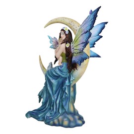 Ebros Gift Celestial Dream Voyage Crescent Moon Lullaby Mother Fairy in Blue Gown Embracing Her Child Baby Statue 12" H by Nene Thomas Decorative Mythical Fantasy Figurine Collectible