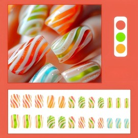 Rchovsam Colorful Press on Nails Short Sqaure Nails Press Ons Colorful Candy Designs Fake Nails Acrylic Full Cover Gel False Nails Gift for Women 24pcs