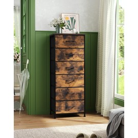 Crestlive Products Vertical Dresser Storage Tower - Sturdy Steel Frame, Wood Top, Easy Pull Fabric Bins- Organizer Unit for Bedroom, Hallway, Entryway, Closets - 6 Drawers (Rustic Brown)