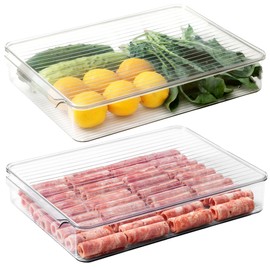 vacane 2 Pack Deli Meat Container for Fridge, Bacon Container with Lids for Refrigerator Fruit, Cold Cuts, Cheese Keeper Marinade Tray, Stackable Freezer Storage Containers