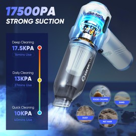 SakerPlus Cordless Car Vacuum, 4 in 1 Mini Vacuum Cleaner High Power 17500PA Suction Handheld Vacuum, Portable Air Dusters,Battery 3 Level Adjustment Small Car Cleaner for Cars Home Office (Silver)