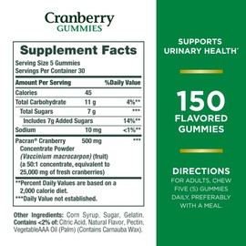 Nature's Bounty Cranberry Gummies, Urinary Tract Support, 500 mg, Cran-Raspberry Flavor, 150 Ct