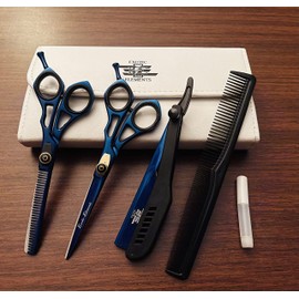 Blue and Black Barber Scissors Set Hair Cutting Scissors, Thinning Shears, Straight Edge Razor and Comb