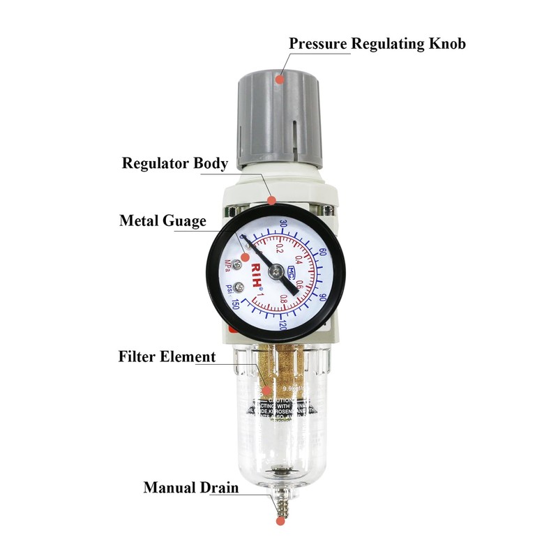RIH 1/4" NPT Compressed Air Filter Regulator Combo Piggyback, 5