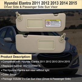 NHILES Left Driver & Right Passenger Side Sun Visor Replacement Compatible with Hyundai Elantra 2011 2012 2013 2014 2015 Replace# 852103X000TX Colour Beige
