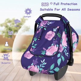 Windproof Baby Car Seat Cover, 3D Mink Dot Infant Car Seat Canopy with Breathable Mesh Window, Baby Carrier Cover for All Seasons, Easy Access Carseat Carrier Snug Fit Infant Stroller(Purple Flower)