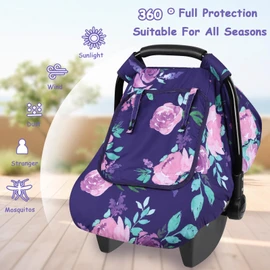 Windproof Baby Car Seat Cover, 3D Mink Dot Infant Car Seat Canopy with Breathable Mesh Window, Baby Carrier Cover for All Seasons, Easy Access Carseat Carrier Snug Fit Infant Stroller(Purple Flower)