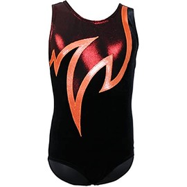 Java Special Velvet & Glitter Lycra Short Sleeve Gymnastics Leotard, Black / Orange / Red