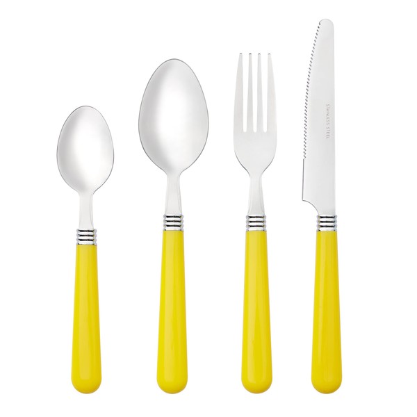 Baroni Home 24 Piece Stainless Steel Cutlery Set with Plastic Handle for 6 People, Dishwasher Safe, Fork, Knife, Spoon, Tea or Dessert Spoon, Yellow