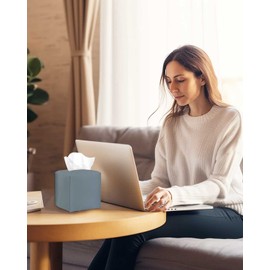 Tissues Cube Boxes Cover Leather – with Bottom Belt [JESMINI, Dark Pastel Blue] Stylish Leather Tissue Cube Box Holder Decorative for Bathroom Vanity Countertop/Night Stands/Office Desk