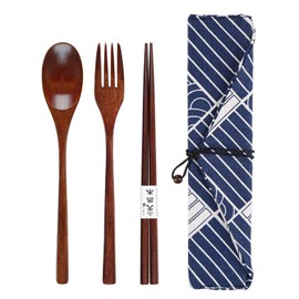 4 Piece Japanese Tableware Set in a Cloth Bag Japanese Style with 1 Fork, 1 Spoon and 1 Chopstick, Outdoor Travel Tableware, Tableware Bag, Suitable for School, Picnics and Camping