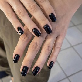 24Pcs French False Nails - Press on Nails Glossy Black Pure Color Full Cover - Stick on Nails Acrylic Glue on Nails Natural Fake Nails for Women and Girls (Pure Black)