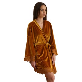 owiter Women Velvet Robes, Soft Fuzzy Kimono Bathrobe for Women Bridal Wedding Sleepwear (US, Alpha, One Size, yellow)