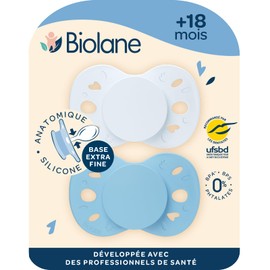 BIOLANE - Anatomical teat - extra thin dummy - from 18 months - blue two-tone - flat and reversible nipple - optimal comfort - respect for mouth development - safe and durable