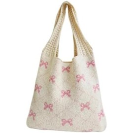 Ponitrack Heart Graphic Cute Tote Bags for Women Aesthetic Crochet Shoulder Handbags for Women Casual Beach (Bowknot-A)