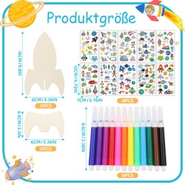 KASURE 12 Stück Raketen Holz Bastelset, Basteln Kindergeburtstag, Weltraum Spielzeug Deko für Jungen, Mädchen, Kindergarten Handwerk DIY(Mit 10 Weltraum-Aufklebern und 12-farbigen Aquarellstiften)
