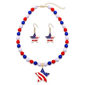 Juego de joyas patrióticas para el 4 de julio, gargantilla de perlas gruesas, collar de estrella de la bandera americana, pulsera esmaltada con forma de corazón para mujeres y niñas, accesorio para el día de la independencia, aleación, Sin gemas.