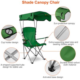 Camping Chair with Canopy, Folding Chairs for Outside, Beach Chair with Canopy Shade, Portable Lawn Chairs with Cup Holders, Heavy Duty Camping Chairs - Support 330 Lbs (Green)