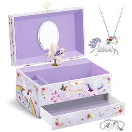 Kids Musical Jewelry Box with Big Drawer and zirconia stones Jewelry Set with Spinning Unicorn and Glitter Rainbow Butterfly Design - Beautiful Dream Tune Purple