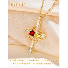 Cross and Crown Necklace for Women Sterling Silver Cross with Crown Necklace 14k Gold Plated Pendant Garnet Citrine Jewellery January November Birthstone Birthday Jewellery Gifts for Women