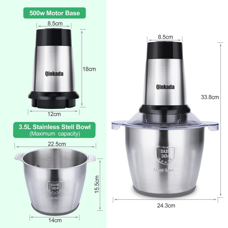 Food Processor, 500W Powerful Meat Grinder, 14Cup Stainless Steel Bowl,