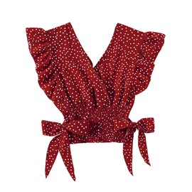 LYANER Women's V Neck Polka Dots Ruffle Cap Sleeve Shirred Hem Blouse Crop Tank Top Red X-Small