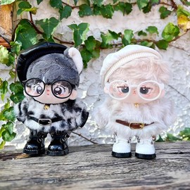 niannyyhouse 10cm 15cm 20cm Plush Doll Clothes Berets Jacket Pants Eyewear Leather Boots Leopard Print Suits Dolls Accessories (Black, 10cm)