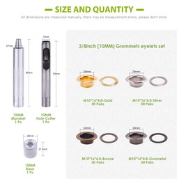 Keadic 243Pcs 3/8 Inch Thickened Grommets Eyelets with Install Tool Set, 4 Colors Metal Eyelet Heavy Duty Grommet Set for Curtain Clothing Leather DIY Fasteners (Bronze Silver Gold Gun Black)