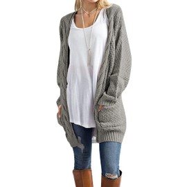 Traleubie Womens Open Front Cardigan Pockets Cable Knit Long Sleeve Sweaters Warm Tops Grey XL