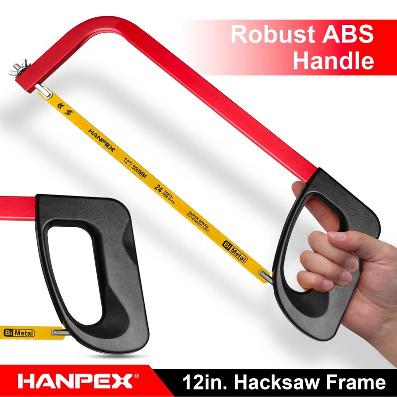 Hanpex 12in. High-Tension Hacksaw Frame with 24 TPI Bi-metal Blade,