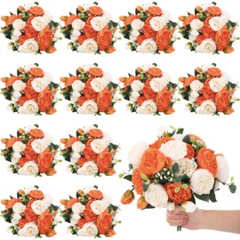 Hoteam 24 Bundles Artificial Peonies Flowers Wedding Faux Flowers Silk Peony Bouquet Bulk Bride Fake Florals Arrangements for Table Centerpieces Wedding ​Party Vase Decor (Orange, White)