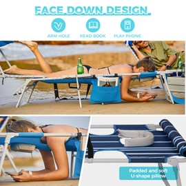 #WEJOY 3 in 1 Sun Tanning Chair with 360°Canopy Sun Shade,Face Arm Hole, Heavy Duty Folding Chaise Lounge Chairs, 5-Position Outdoor Lounge Chair/Pillow, for Beach, Pool, Lawn, Yard, Patio Blue White