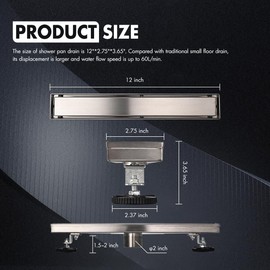 Micmi 12 Inch Shower Floor Drain with Adjustable Quadrato Pattern Grate, 304 Stainless Steel, PVC Shower Drain Base, Rubber Gasket, Hair Strainer (1pack, Brushed Nickel, 12 in)