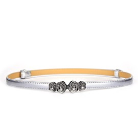 JK Home Adjustable Buckle Slim Waist Belt Skinny Leather Thin Waistband Dress Belts for Women Girls Retro Rose Silver