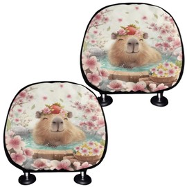 Finagallathe Cute Capybara Print Car Head Rest Covers Cherry Blossom Print Head Rest Cover Protector Suitable for All Seasons, Universal Fit Car Accessories