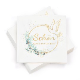 Yibat Pack of 100 Serviettes 'Schön Dass Du Da Bist' Eucalyptus Green Decoration, 33 x 33 cm, 3-Ply, Paper, Disposable Table Linen, Confirmation, Christening, Communion, Autumn, Wedding