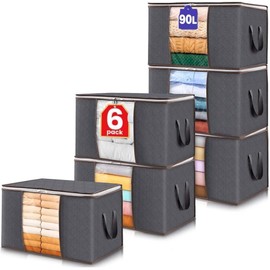 Bags & Beyond Clothes Storage Bags, 6Pack 90L Large Capacity With Zip And Clear Window, Thick Fabric With Durable Handles, Non-Woven Fabric Storage Bags, Storage Organizer For Bedding, Comforters