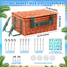 Leinuosen Wicker Picnic Basket Kit for 4 Persons with Waterproof Picnic Blanket Willow Hamper Insulated Cooler Bag Utensils Cutlery for Camping Outdoor Birthday Wedding Photoshoot Summer Beach Party