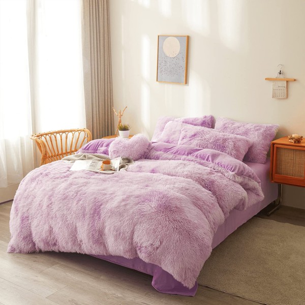 FOPPA Lavender Fuzzy Comforter Queen Size, Cozy Faux Fur 3pcs