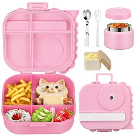 LAUJIA Lunch Box Kids with 5 Compartments, Insulated Food Jar & Utensils, Leak Proof Bento Box with Sauce Container, BPA-Free & Dishwasher Safe, Dinosaur Design-Pink
