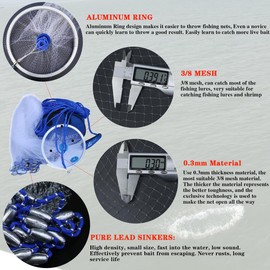 Drasry Fishing Cast Net with Aluminum Ring 3/8 or 1/2 Mesh for Saltwater Freshwater Bait Shrimp Trap Fish Throw Net Size 4FT/5FT/6FT/7FT Radius (Lead Sinkers 3/8 Mesh, 6FT / 180cm Radius
