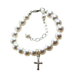 Baptism Gift Pearl Bracelet with Cross Charm First Communion Gift Religious Jewelry Sterling Silver Pearl Bracelet Gift For Girl