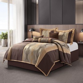 Stratford Park Elegant Brown Comforter Set King 7 Piece Bed in a Bag, Striped, Jacquard Bedding Set All Season, Matching Decorative Pillows, Pillow Sham