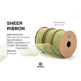 Vitalizart - Cinta transparente de organza verde salvia de 1 pulgada x 30 yardas hechas a mano para envolver regalos, árbol de Navidad, manualidades, lazos, invitaciones de boda, coronas