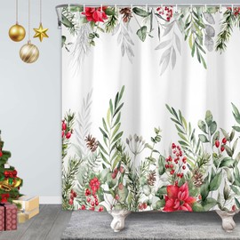 Xiaoput Christmas Flower Shower Curtain, Winter Floral Leaves White Shower Curtain for Bathroom, Natural Plant Fabric Shower Curtain Bathroom Decor Waterproof with Hooks,70X70in