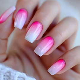 MISUD Coffin Press on Nails Medium Fake Nails Glossy Glue on Nails Pink Ombre Acrylic Nail Supplies Ballerina Artificial Nail Art Summer Gradient Stick on False Nails with Design DIY 24 pcs