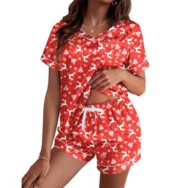 Ekouaer Silk Pajama for Women Short Sleeve Satin Pj Set Two Piece Soft Sleepwear Loungewear, Red Reindeer, L