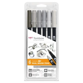 Tombow ABT-6P-6 Water-Based ABT Dual Brush Pen with Two Tips Grey Colours Pack of 6