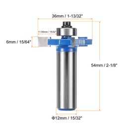sourcing map T Slot Cutter Rabbet Router Bit 15/32" (12mm) Shank 1-13/32" (36mm) x 15/64" (6mm) 3 Wing Carbide Slotting Cutter Rabbeting Slab Flattening Router Bits with Bearing for Wood